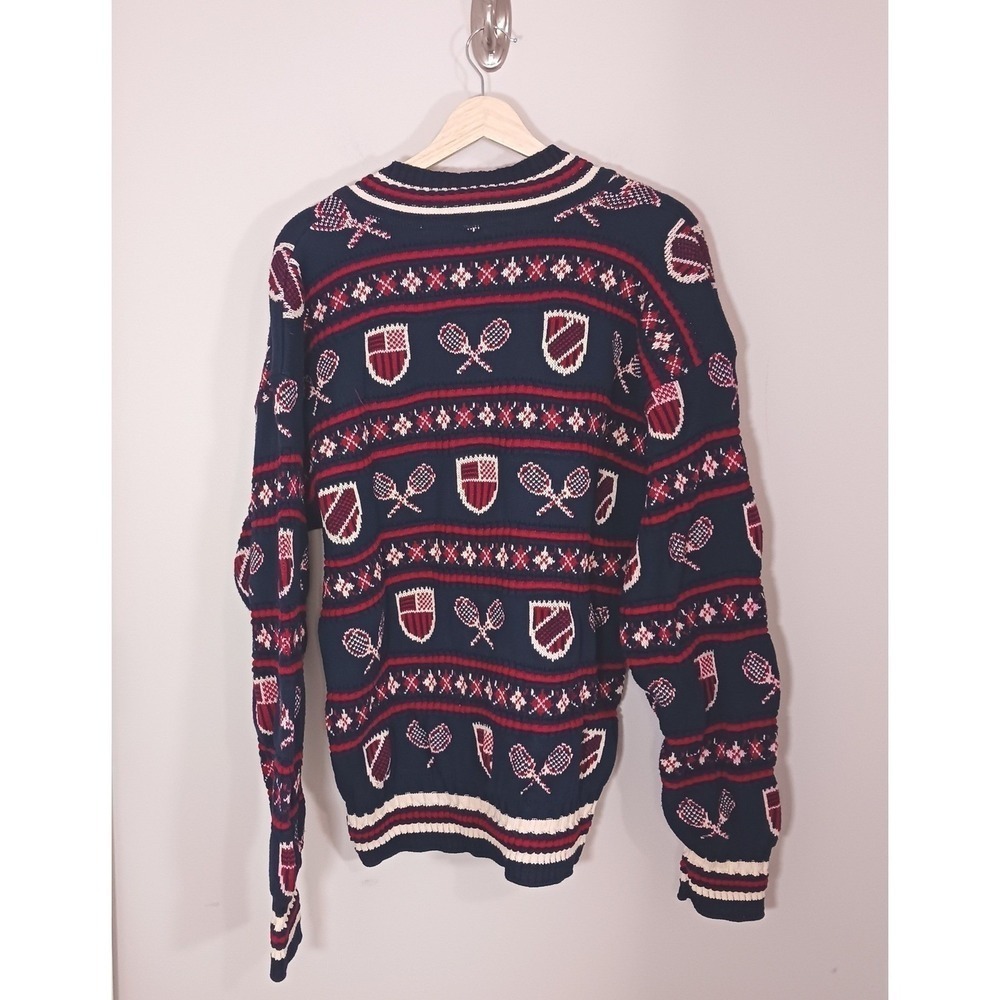 Vintage Tennis Sweater XL USA Cotton Preppy Collegiate Crest Novelty Knit - Picture 2 of 9